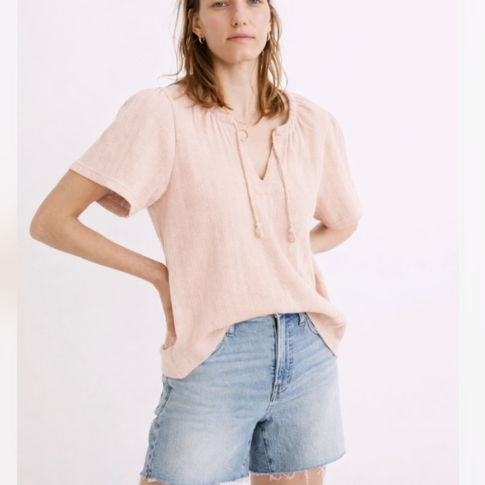 Madewell Ribbed Pointelle Tie-Neck Tunic Crocheted Top Avalon Pink Size XXS